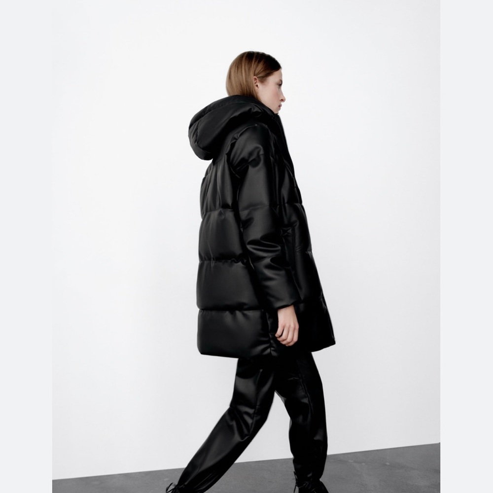Zara wind protection faux leather puffer coat
